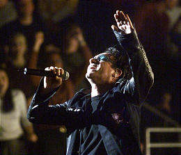 U2's Bono belts out the political anthem "Sunday, Bloody Sunday." <br />Chuck Wing, Deseret News