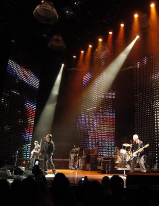 U2 performs on stage during the first concert of their Vertigo Tour at the San Diego Sports Arena Monday, March 28, 2005. (AP Photo/Denis Poroy)