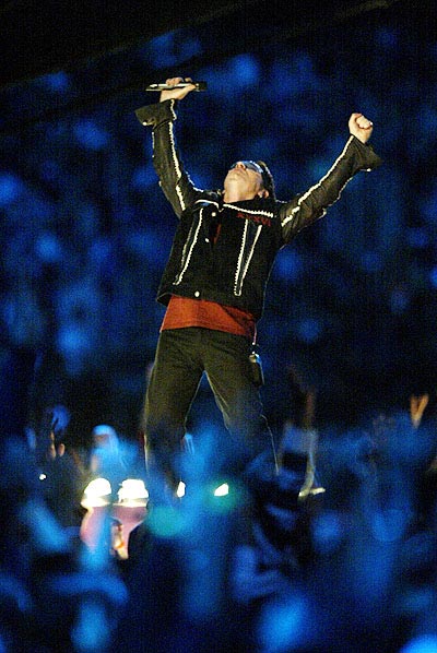 Irish rockers U2 performed three songs during the halftime show.<br />(Jed Jacobsohn/Getty Images)