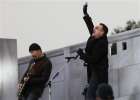 U2 frontman Bono, right, and guitarist The Edge perform at the Lincoln Memorial for President-elect Barack Obama's inaugural concert in Washington , Sunday, Jan. 18, 2009. (AP Photo/Charles Dharapak)